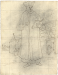 1976-3374 Tekening (pen in bruine inkt) met een voorstelling van een staande figuur in kleding van de Theatijnen: een ...