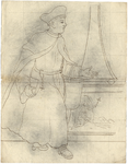 1976-3375 Tegelspons en tekening met een voorstelling van een lopende figuur in kleding van de Jesuaten: een lang ...