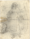 1976-3376 Tegelspons en tekening met een voorstelling van een baardige man in kleding van de Orde van Sint-Antonius: ...