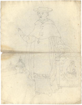 1976-3377 Tegelspons met een voorstelling van een figuur in priesterkleding met platte hoed en brede rand. Links een ...