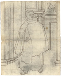 1976-3380 Tegelvoorbeeld met een voorstelling van een monnik met grote tonsuur in een interieur. Rechtsachter de ...