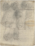 1976-3381 Tegelvoorbeeld met een voorstelling van monnik met korte mantel waaraan een puntkap; in een interieur. Op de ...