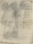 1976-3381 Tekening (pen in bruine inkt) met een voorstelling van een Kapucijner monnik met korte mantel waaraan een ...