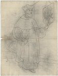 1976-3382 Tegelvoorbeeld met een voorstelling van een figuur in priesterkleding; een hoed met opstaande randen en een ...