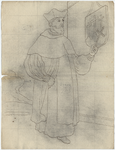 1976-3382 Tegelspons en tekening met een voorstelling van een figuur in kleding van Monniken van het Heilige Kruis met ...