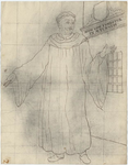 1976-3383 Tegelvoorbeeld met een voorstelling van een monnik in een lang gewaad met wijde mouwen; grote tonsuur. Rechts ...