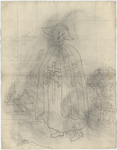 1976-3384 Tekening (pen in bruine inkt) met een voorstelling van figuur in kleding van de Camillianen: lang gewaad ...
