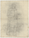 1976-3385 Tekening (pen in bruine inkt) met een voorstelling van een figuur in kleding van de reguliere kanunniken van ...
