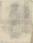 1976-3386 Tegelspons en tekening met een voorstelling van een figuur, behorend tot de orde van St. Salvatoris, met ...