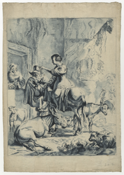 1976-3389 Tekening (penseel in blauwgrijze waterverf) met een voorstelling van herders in landschap: herderin op ezel ...