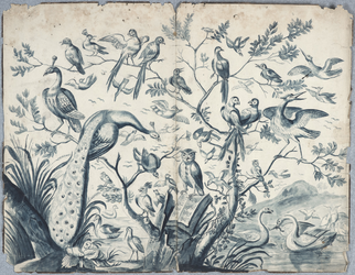 1976-3390 Tegelvoorbeeld met een voorstelling van het vogelconcert. Een groot aantal vogels in en rond een boom. Een ...