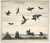 1976-3393 Tegelvoorbeeld met een voorstelling van wandelende dames, een jager te paard. In de lucht reigers en valken.