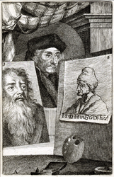 M-614 Portret van Desiderius Erasmus, humanist. Portret 2 is Jan van Mandijn en portret 3 is H.Holbein den oude.