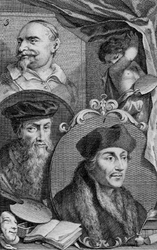 M-615 Portret van Desiderius Erasmus, humanist. Portret 2 is David Jorisz. en portret 3 is Johan Snellings.