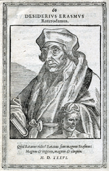 M-657 Portret van Desiderius Erasmus, humanist met de linkerhand op het hoofd van de god Terminus.