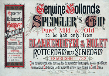 XI-0000-0008 Geniune Hollands Spengler's Gin Pure mild & old. To be had only from Blankenheym & Nolet Rotterdam near ...