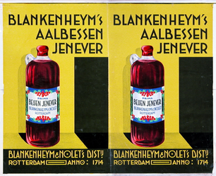 XI-0000-0013 Blankenheym's Aalbessen jenever. Blankenheym & Nolet's Distil. Rotterdam Anno 1714.