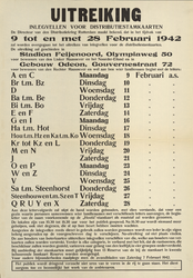 828-a5 Uitreiking Inlegvellen voor Distributiestamkaarten 9 tot en met 28 februari 1942 stadion Feijenoord en gebouw Odeon