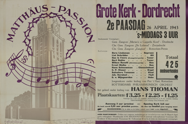 AF-10191 Matthäuspassion Grote Kerk-Dordrecht 2e Paasdag 26 april 1943, 's middags 3 uur totaal 425 medewerkenden ...
