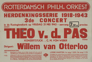 AF-10263 Rode tekst: Rotterdams Philharmonisch Orkest, (R.Ph.O.) herdenkingsserie 1918-1943 3de concert 21 mei 1943 in ...