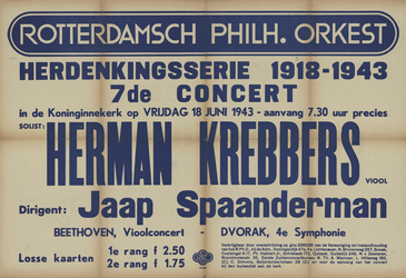 AF-10268 Blauwe tekst: Rotterdams Philharmonisch Orkest (R.Ph.O.) herdenkingsserie 1918-1943, 18 juni 1943 ...