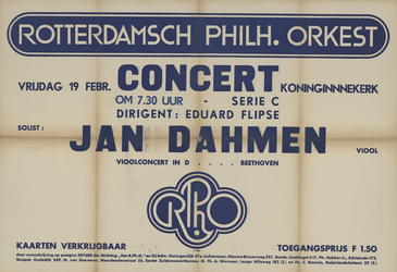 AF-10274 Blauwe tekst: Rotterdams Philharmonisch Orkest (R.Ph.O.) vrijdag 19 februari 1943 Concert Koninginnekerk, ...