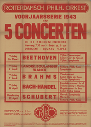AF-10275 Oranje tekst: Rotterdams Philharmonisch Orkest (.Ph.O.) voorjaarsserie 1943, 5 concerten in de Koninginnekerk ...