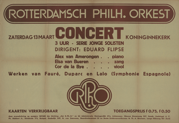 AF-10279 Bruine tekst: Rotterdams Philharmonisch Orkest (R.Ph.O.) zaterdag 13 maart 1943 concert Koninginnekerk jonge ...