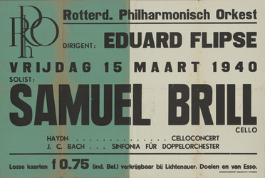 AF-10326 Rotterdams Philharmonisch Orkest, (R.Ph.O.) dirigent: Eduard Flipse vrijdag 15 maart 1940 solist: Samuel Brill ...