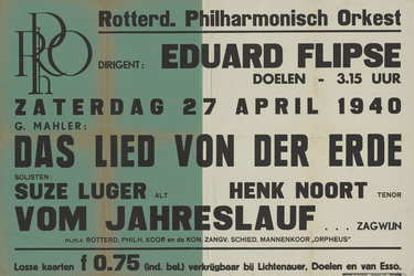 AF-10329 Rotterdams Philharmonisch Orkest, (R.Ph.O.) dirigent: Eduard Flipse, De Doelen, zaterdag 27 april 1940, G. ...
