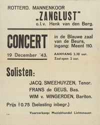 AF-10372 Rotterdams Mannenkoor Zanglust o.l.v. Henk van den Berg, Concert 19 december 1943, Blauwe zaal de Beurs, ...