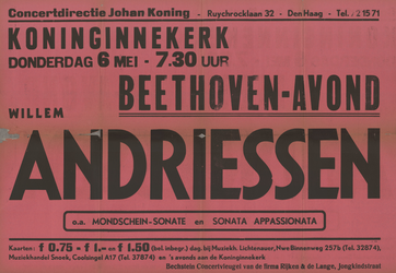 AF-10499 Koninginnekerk Concertdirectie Johan Koning 6 mei 1943 Beethoven-avond Willem Andriessen o.a. ...