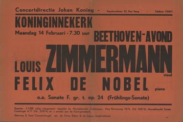 AF-10506 Koninginnekerk 14 februari 1944 Beethoven-avond met: Louis Zimmermann, viool, Felix de Nobel piano o.a. ...