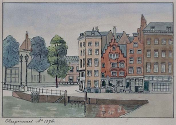 1971-1565 Slepersvest uit het zuidoosten. In het midden het Schippershuisje of Veerhuis.