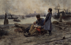1972-1064 Vaders middagmaal. Man, met voorschoot aan, mogelijk havenarbeider, zittend op de kade langs de Nieuwe Maas, ...