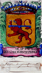 1972-1885 Wapen van jhr. mr. Diedr. Gregorius van TeylingenIngekleurd wapen: leeuw naar links, gedeeld door barensteel. ...