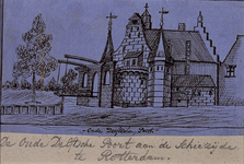 1972-4029 De Oude Delftsche Poort, vóór 1766, aan de Schiezijde te Rotterdam, gezien vanuit het westen.