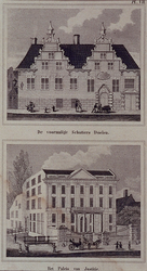 1973-4497-1-EN-2 Gezicht op de voormalige Schuttersdoelen. circa 1800 (boven) en het paleis van justitie. circa 1865 ...
