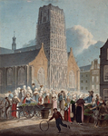 1973-4608 Het Grotekerkplein vóór de Sint Laurenskerk, waar de markt gehouden wordt. Op de achtergrond de Laurenskerk, ...