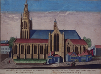 1973-4624 Gezicht op de Grote Kerk aan het Grotekerkplein, maar zonder titel in spiegelbeeld boven de prent.