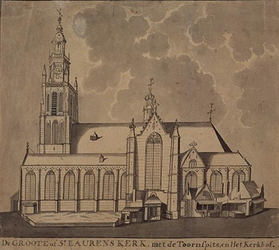 1973-4657 De Groote of St. Laurenskerk, met de Toornspits en het Kerkhof in 1621-1645.