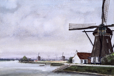 1975-1446 Drie van de vier windwatermolens in de molenviergang in Zevenhuizen. Rechts de bovenmolen en links twee ...