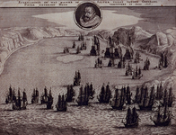 1975-1450-1 1628Afbeelding van de Nederlandse en Spaanse vloot in de Baai van Matansas (Cuba). Borstbeeld van Piet Heyn ...