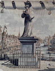 1975-1451 Standbeeld van Erasmus op de Grotemarkt. Op de achtergrond het Steiger.