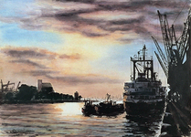 1982-1295 Vrachtschip aan de noordelijke oever van de Maashaven, nabij de hoek (3e Katendrechtse hoofd). Aan de ...