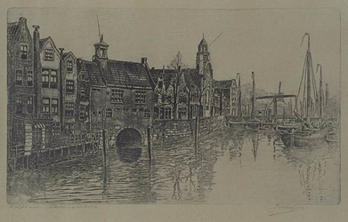 1982-2708 Zakkendragershuis, Oude kerk en Piet Heynsbrug vanaf de Aelbrechtsbrug.