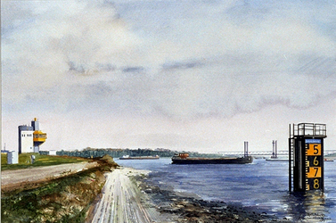 1983-3755 Het einde van het Hartelkanaal bij de Oude Maas. Rechts op de achtergrond de Spijkenisserbrug. Links een ...