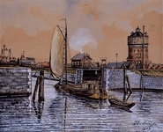 1985-1074 Schiemond. Toegang tot de haven van Delfshaven via de schutsluizen, binnenvarend binnenschip.