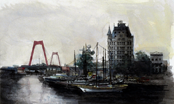 1985-614 Binnenschepen en dwarshelling in de Oudehaven met op de achtergrond de Willemsbrug en het Witte huis.