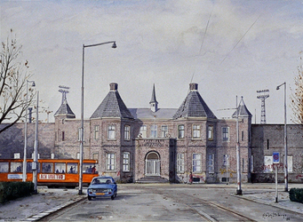 1986-2350 Het kasteel van de voetbalclub Sparta Rotterdam aan de Spartastraat, vanuit de Huygensstraat. Links een tram ...